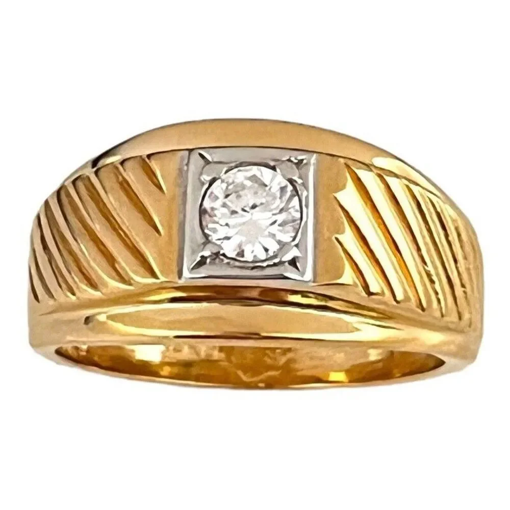 Vintage 1970s Ring Size 11 Cubic Zirconia Solitaire Textured Gold Plated - 14O